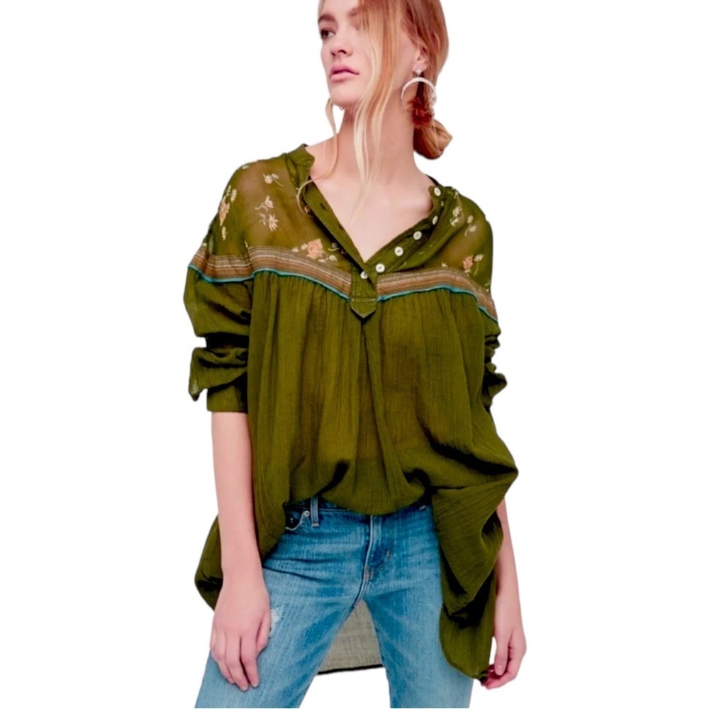 $128 Free People Girl In Love Shirt XSmall Moss Sheer Chiffon Super Romantic Top